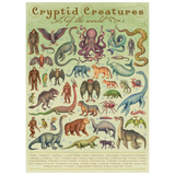 An educational poster titled 'Cryptid Creatures of the world' featuring numerous vintage-style illustrations of mythical and fantasy creatures on a pale green background.