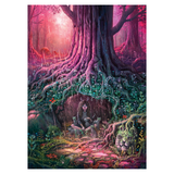 A fantasy forest artwork featuring a large tree with exposed roots, a seated woman beneath the trunk, a lion head carved into the stone at the lower right, and glowing pink and magenta light filtering through the woods.