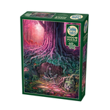 A 1000-piece jigsaw puzzle box by Cobble Hill featuring a colorful fantasy forest illustration with a large tree, glowing pink light, and a seated figure in the woods. The box is dark green with the brand logo and puzzle count visible on the front and side.