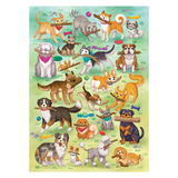 A colorful cartoon illustration of many different dog breeds playing and interacting on a light green background. The dogs are shown in various poses, some holding toys, with bright multicolored accessories and a playful outdoor-style setting.