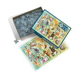 A completed multicolor jigsaw puzzle showing a group of cartoon animals, displayed next to its blue box filled with puzzle pieces on a white background.