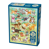 A colorful cartoon jigsaw puzzle box of many different dog breeds playing and interacting on a light green background. The dogs are shown in various poses, some holding toys, with bright multicolored accessories and a playful outdoor-style setting.