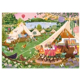 A colorful illustrated camping scene with multiple canvas tents, a small table and chairs with flowers, a bicycle, birds on a tree branch, chickens, a dog, and a lake in the background. The artwork is highly detailed and decorative, with no visible person or real photographed environment.