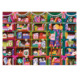 A colorful illustrated scene of cozy bookshelves filled with books, gifts, ornaments, and holiday decorations, with a child climbing a ladder and reading. This appears to be the artwork itself rather than a photo of a physical product in a room, so the best fit is Scenery.