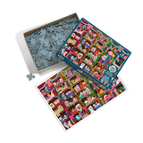A colorful children's jigsaw puzzle set shown open on a white background, with the box lid leaning against the tray of loose puzzle pieces. The puzzle artwork features many small illustrated characters and scenes in bright multicolor tones.