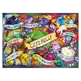 A colorful illustrated collage of gaming-themed objects including polyhedral dice, scrolls, a green guitar, a blue potion bottle, a white cat, and banners with phrases like “LET’S ROLL!” and “OH CRIT!.”.
