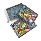 A jigsaw puzzle set shown on a white background, including an open box filled with light blue puzzle pieces, the closed puzzle box with colorful illustrated artwork and the text 'LET'S ROLL!', and the completed puzzle layout.