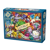 A 500-piece jigsaw puzzle box by Cobble Hill, featuring a highly detailed, colorful illustration of dice, scrolls, and fantasy-themed graphics with the text 'LET'S ROLL!'.