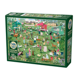 A 1000-piece jigsaw puzzle box by Cobble Hill, featuring a detailed illustrated scene of a busy outdoor market and park with people, animals, tents, and greenery. The box is dark green with the brand logo and puzzle count visible on the front.