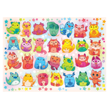 A colorful children's art print featuring a grid of cute cartoon monsters and creatures on a pastel background with scattered star shapes.