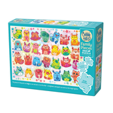 Cobble Hill Family Pieces 350-piece jigsaw puzzle box featuring colorful cartoon animal illustrations on a turquoise background.