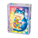 A 100-piece jigsaw puzzle box by Cobble Hill featuring a colorful illustration of a blue cat holding a glass jar filled with multicolored puzzle pieces, set against a white background.