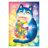 A colorful illustration of a blue cat holding a large glass jar filled with multicolored puzzle-pieces, set against a pastel rainbow background with floating puzzle-piece shapes.