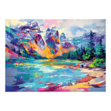 Colorful landscape painting of mountains and a lake