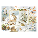 Winter scene with deer, birds, and animals in a snowy landscape