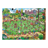 Colorful illustration of a park scene with various activities and people.