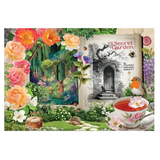 A decorative collage-style product image featuring a book cover titled 'The Secret Garden' by Frances Hodgson Burnett, surrounded by floral garden artwork, a teacup with pink tea and flowers, a robin, and whimsical garden details on a white background.
