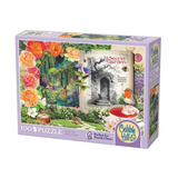 A 100-piece jigsaw puzzle box by Cobble Hill featuring 'The Secret Garden' artwork, shown on a plain white background. The box art depicts a lush garden with roses, a stone archway, a robin, and a teacup.