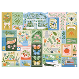 A square decorative print or card featuring a collage of whimsical garden-themed illustrations, including a greenhouse, flowers, vegetables, butterflies, books, and labels on a light background.