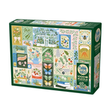 A 1000-piece jigsaw puzzle box by Cobble Hill Studios, featuring a colorful collage of garden-themed illustrations including flowers, butterflies, a greenhouse, and gardening tools on a white background.