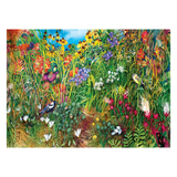 Colorful illustration of a garden with flowers and birds