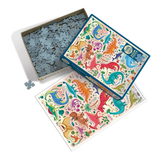 A colorful dinosaur jigsaw puzzle set shown with the illustrated box, an open box filled with blue-gray puzzle pieces, and a flat view of the completed puzzle on a white background.