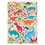 A colorful children's dinosaur-themed wall hanging or poster featuring multiple illustrated dinosaurs, plants, rocks, and sound words on a pale pink background.