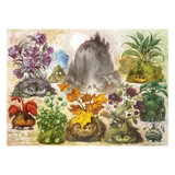 A whimsical art print titled 'The Little Hills Fairy Book' featuring a collection of cute, furry fantasy creatures in various colors like green, purple, yellow, and gray, set against a soft cream background.