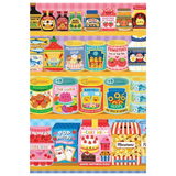 A colorful retro-themed art print featuring shelves stocked with whimsical cartoon food containers and packaged snacks, including jars of jam, cans of ravioli, fruit cocktail, and pop tarts.