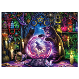 A colorful, whimsical illustration of two cats gathered around a glowing crystal ball in a witchy, candle-lit room with stars, candles, cards, and magical objects.