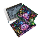 A completed jigsaw puzzle, its green box, and an open box filled with small square pieces on a white background. The puzzle artwork features a fantasy scene with a glowing purple portal, a unicorn, and magical creatures in vivid colors.
