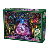 A 1000-piece jigsaw puzzle box by Cobble Hills, featuring an illustrated scene of a purple cat inside a glowing crystal ball with a witch figure inside, surrounded by candles, potions, and magical objects on a dark background.