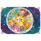 A square zodiac-themed art print or poster featuring a colorful circular astrological wheel with illustrated sun, stars, constellations, and zodiac symbols on a blue and purple background.