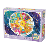 A 100-piece jigsaw puzzle box by Cobble Hill featuring a colorful astrological wheel design with a central sun and surrounding zodiac symbols on a dark starry background.