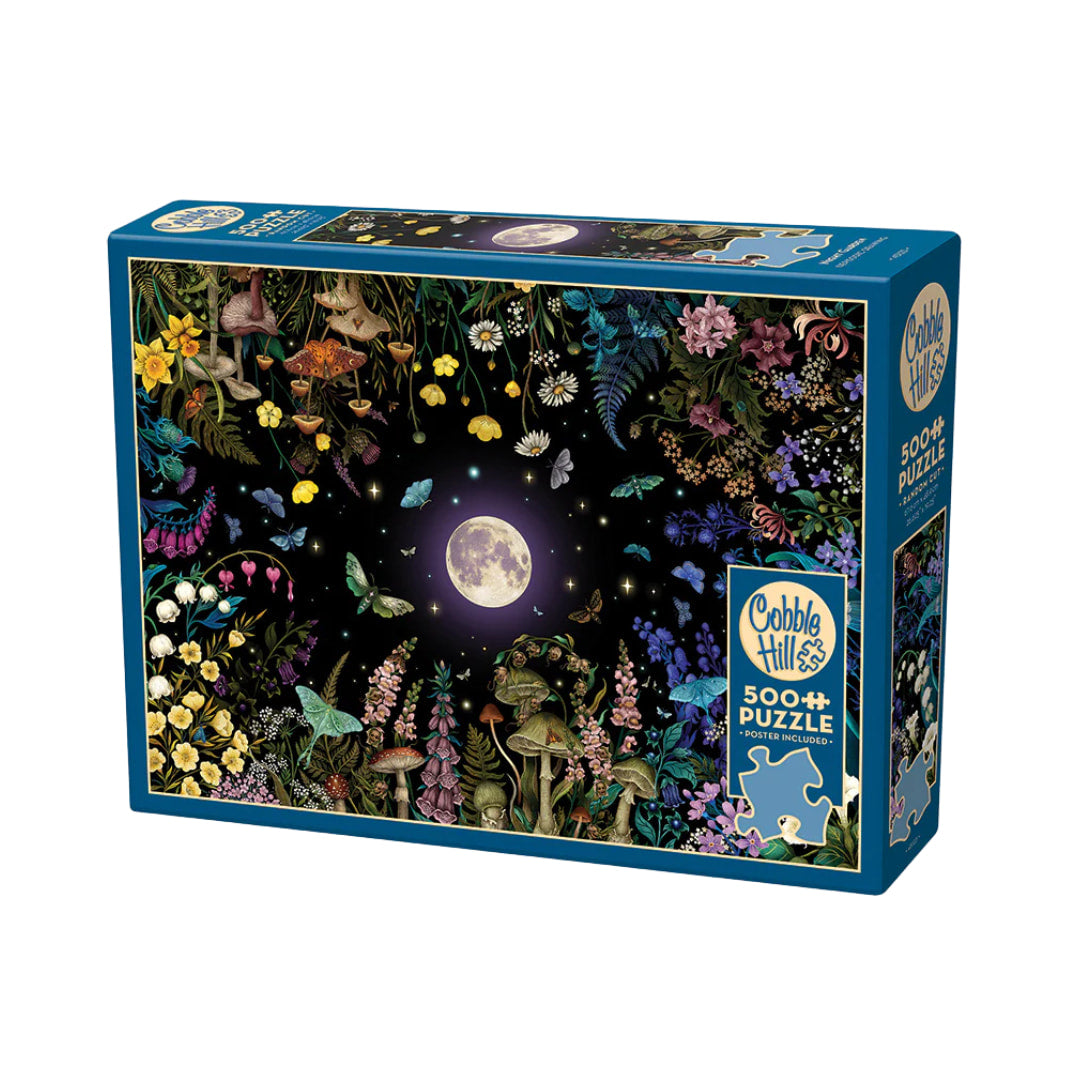 Cobble Hill puzzle box with a fantasy forest design featuring mushrooms, flowers, and a moon.