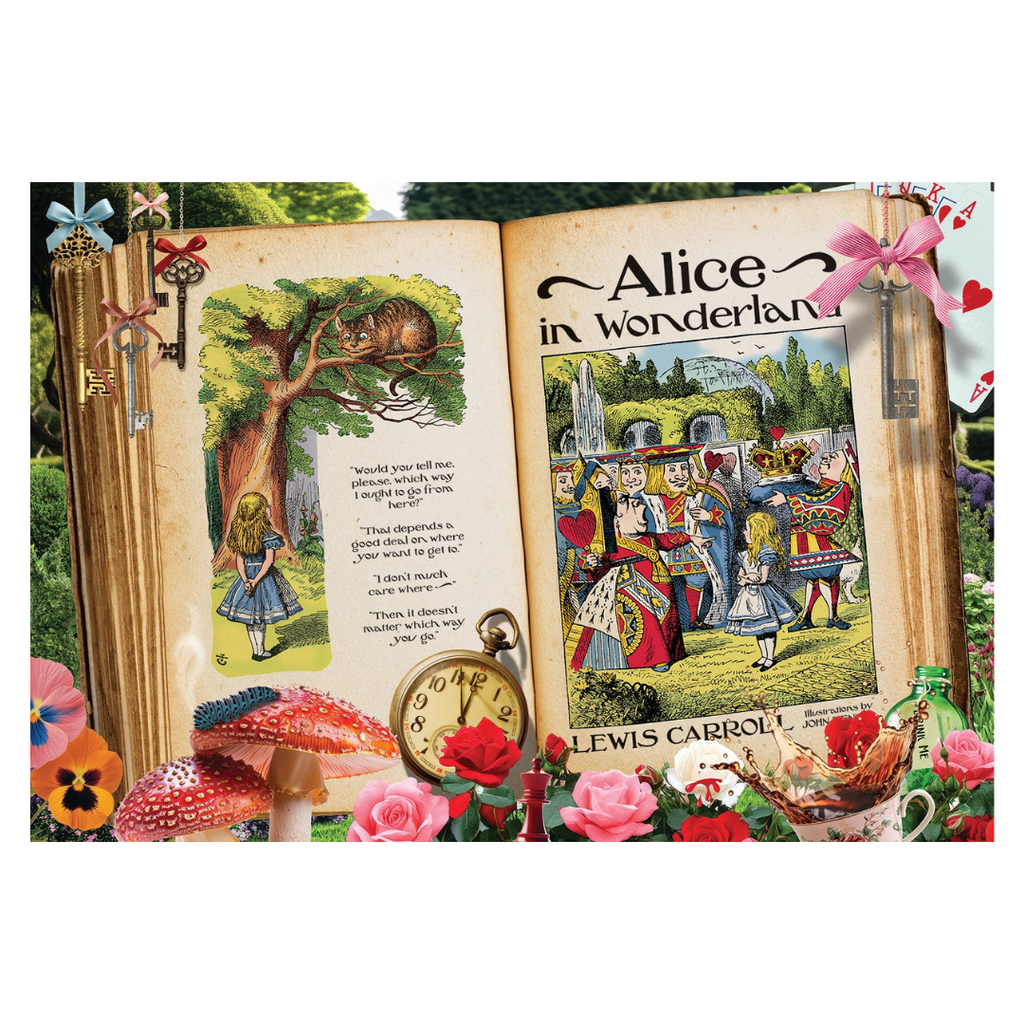 Open book of 'Alice in Wonderland' with illustrations and text