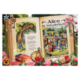 Open book of 'Alice in Wonderland' with illustrations and text