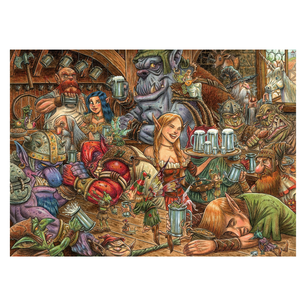 A detailed fantasy illustration showing a crowded tavern scene with elves, dwarves, goblins, and other fantasy creatures drinking, serving, and interacting in a wooden interior. The artwork fills most of the frame and appears to be the product itself rather than a photo of a physical object in a room.