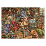A detailed fantasy illustration showing a crowded tavern scene with elves, dwarves, goblins, and other fantasy creatures drinking, serving, and interacting in a wooden interior. The artwork fills most of the frame and appears to be the product itself rather than a photo of a physical object in a room.