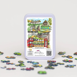 Jigsaw puzzle set with a colorful packaging featuring a town illustration on a white background.