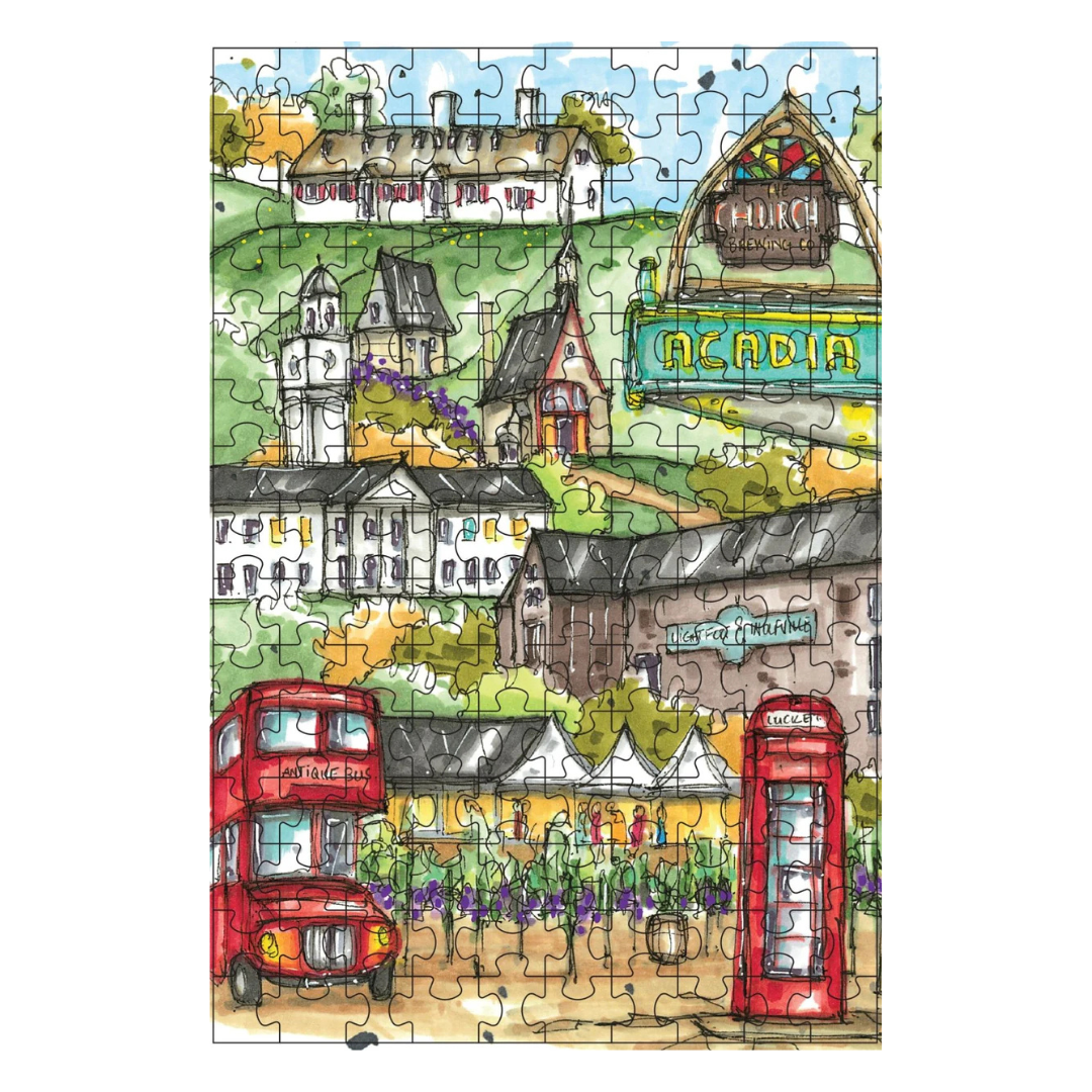 Jigsaw puzzle with a colorful illustration of a town scene, including houses, a church, and a red double-decker bus.