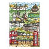 Jigsaw puzzle with a colorful illustration of a town scene, including houses, a church, and a red double-decker bus.