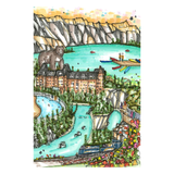 Colorful illustration of a scenic landscape with a bear statue, buildings, and a lake.