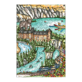 Jigsaw puzzle with a scenic design of a mountain, lake, and buildings.