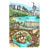 Colorful illustration of a mountainous landscape with a lake, buildings, and a moose.