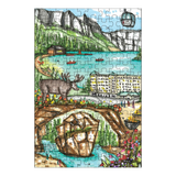 Colorful puzzle with a scenic design of mountains, lake, and town.