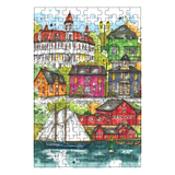 Jigsaw puzzle with a colorful illustration of houses and a sailboat.