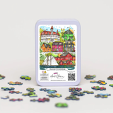 Jigsaw puzzle set with a colorful packaging featuring a town illustration on a white background.