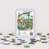 back of mini puzzle tin with a illustrated image