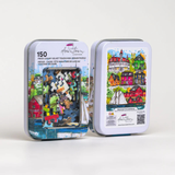 Two puzzle tins with colorful illustrations on a white background